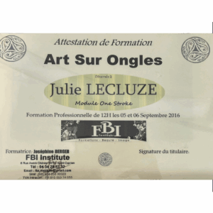 Attestation de Formation Art sur Ongles Julie Lecluze One Stroke