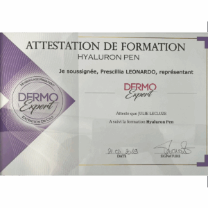 Attestation de formation Maquillage permanent Dermo Expert Hyaluron pen Julie Lecluze