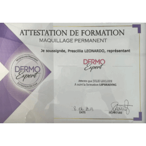 Attestation de formation Maquillage permanent Dermo Expert Lipshading Julie Lecluze