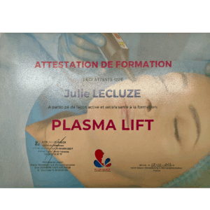 Attestation de formation Plasma Lift Julie Lecluze école de formation en esthétique vers Perpignan