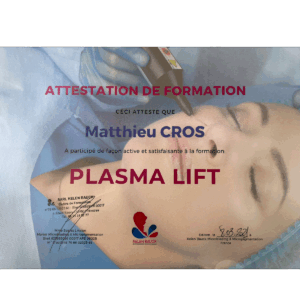 Attestation de formation Plasma Lift Matthieu Cros école de formation