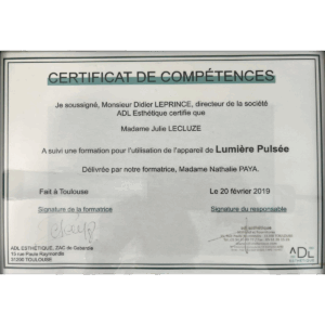 Certificat de compétences ADL Esthétique - Lumiére pulsée