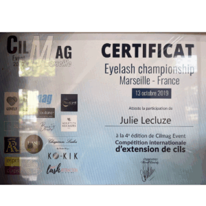 Certificat Eye championship Extension de cils JL Studio Beauté