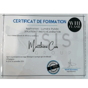 Certificat de formation Lumière pulsée dépilation et photo réjuvénation Matthieu Cros