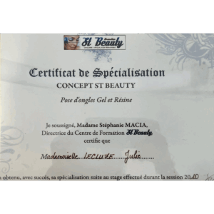 Certificat de spécialisation concept st beauty pose ongles gel et résine julie lecluze