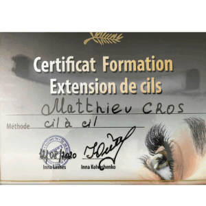 Certificat-formation-Extension de cils Matthieu Cros Salon de beauté Cabestany