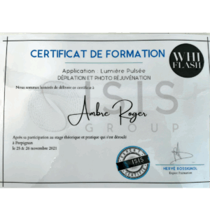 Certificat formation Lumière Pulsée dépilation photo réjuvénation Julienails