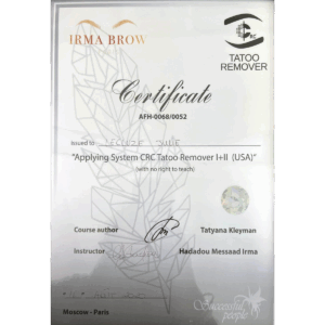 Certificate Julie Lecluze Applying System CRC Tatoo Remover