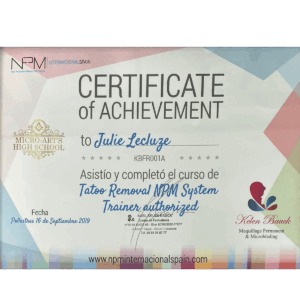 Certificate Leluze Julienails Tattoo removal NPM System